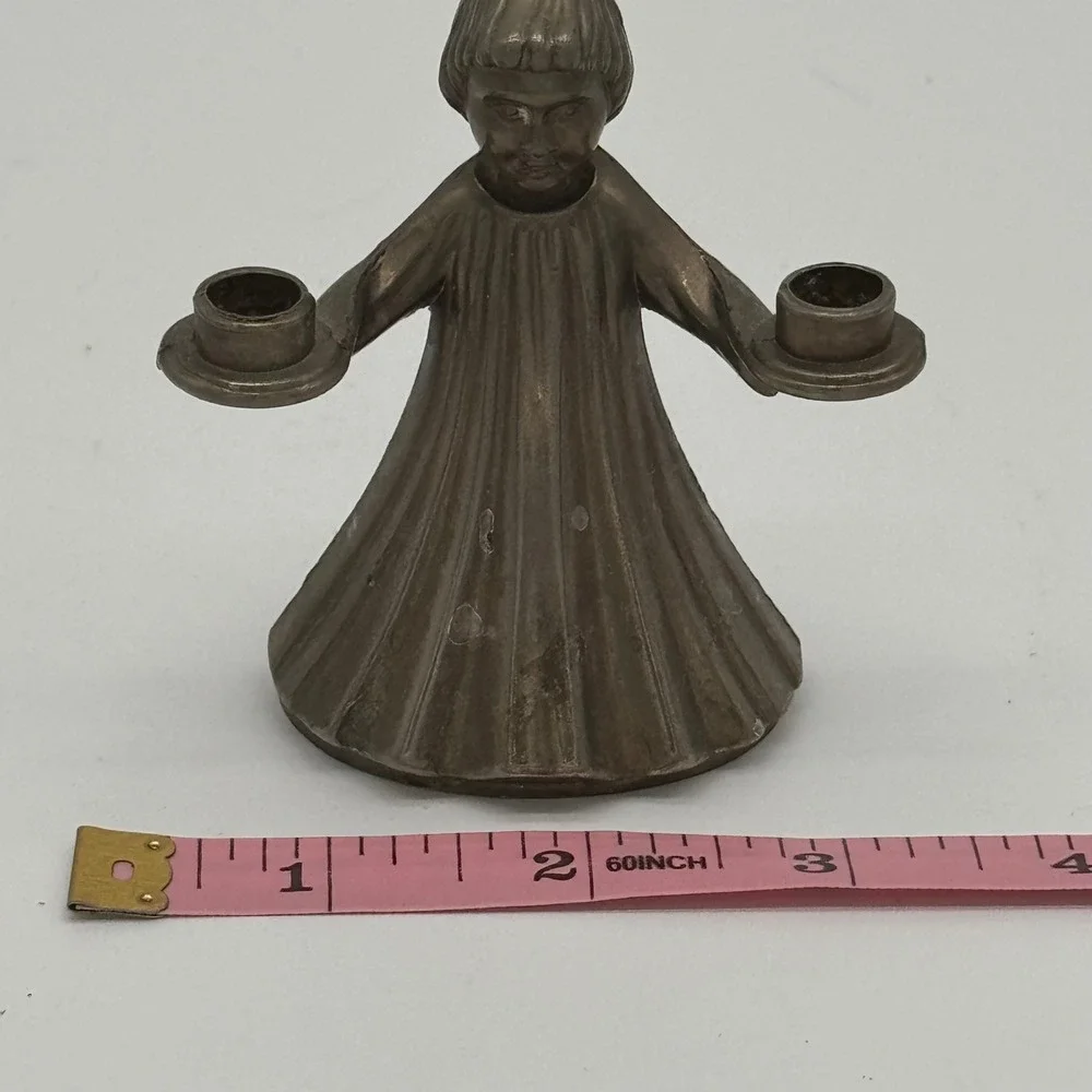 Vintage Metal Choir Boy Candle Holder Double Small Taper Silver Plated 3.5